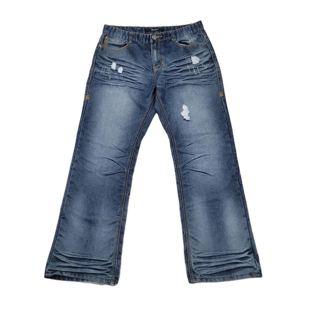 CJ Black Mens Distressed 34x30 Relaxed Straight Whiskered Blue Jeans Y2K